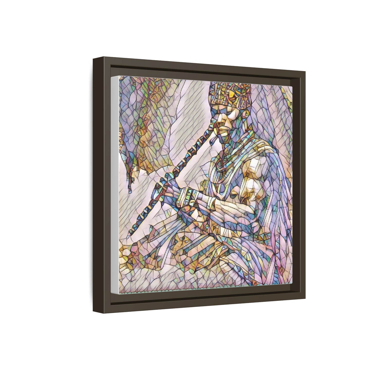 Tribal Flute Musician Stained-Glass Framed Canvas Art