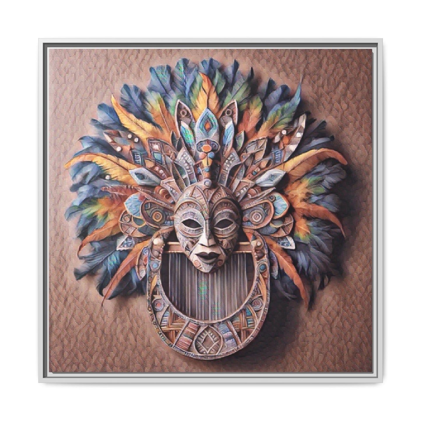 Tribal Feather Mask Framed Canvas Wall Art — Colorful Boho Decorative Print