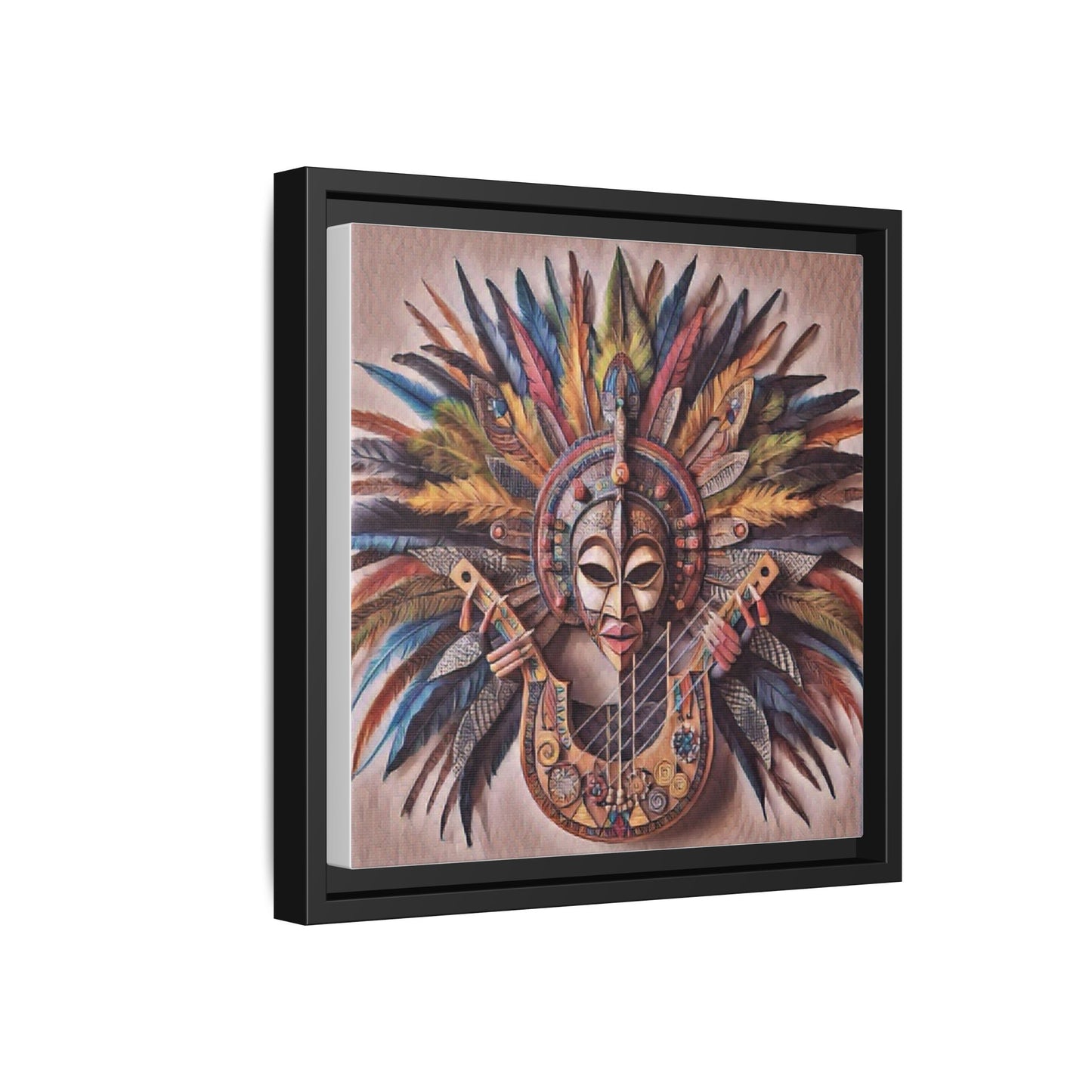 Tribal Feather Mask Guitar Framed Canvas Art — Colorful Boho Wall Decor