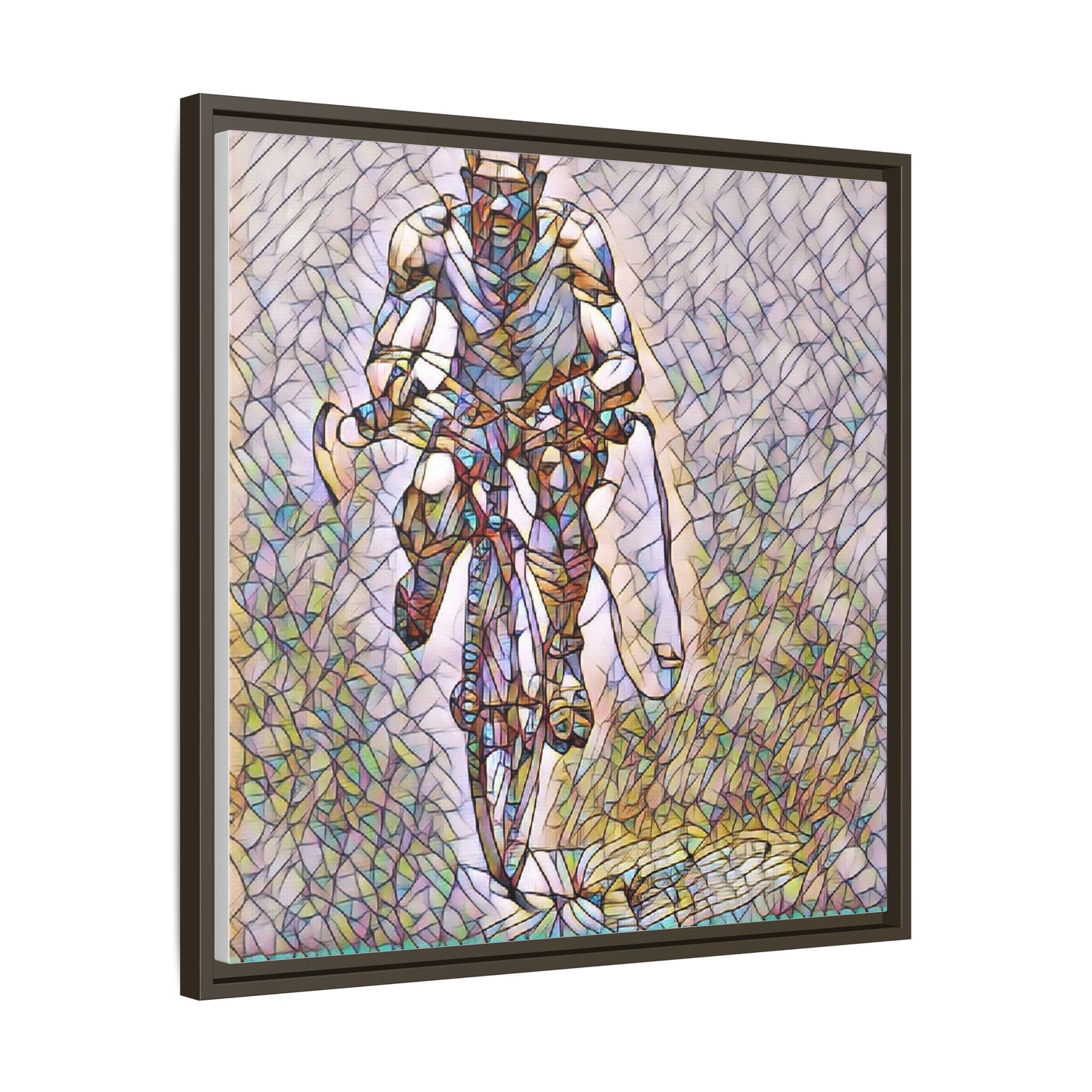 Cyclist Art Print — Framed Matte Canvas Wall Art (Multicolor Stained-Glass Style)