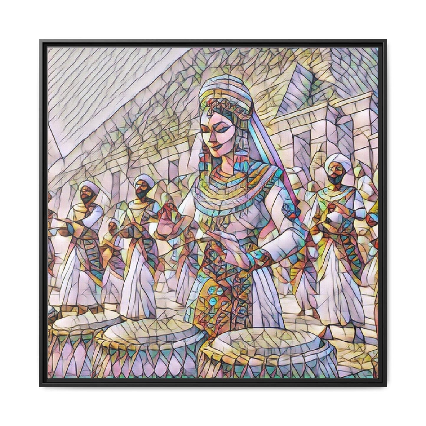 Egyptian Drummers Framed Canvas Art — Colorful Egyptian Dancer Wall Decor