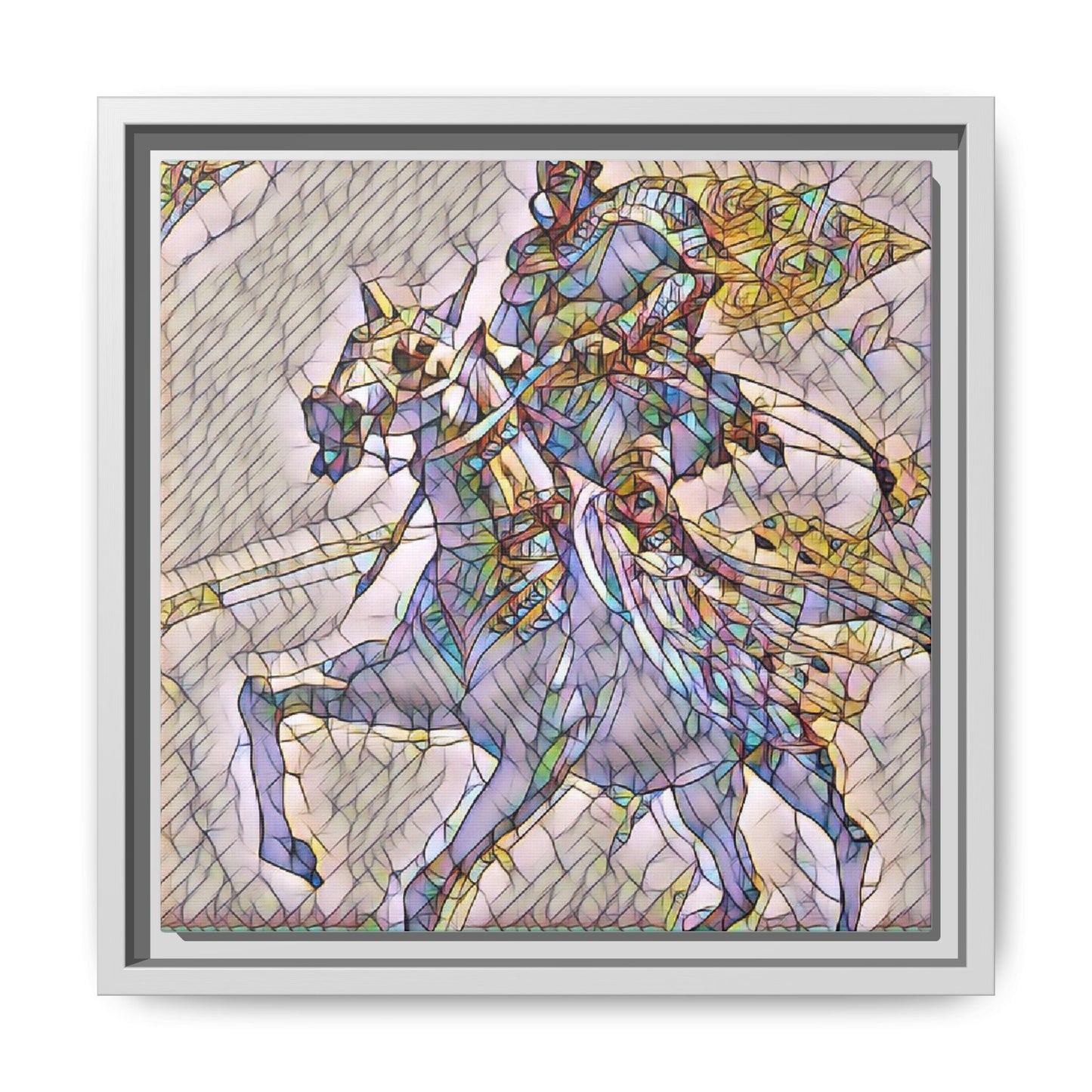 Framed Matte Canvas Art — Stained Glass Knight on Horse Fantasy Wall Decor