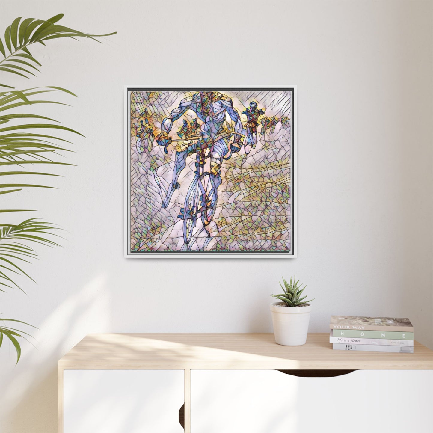 Abstract Cyclist Matte Canvas Framed Art — Colorful Stained-Glass Bike Print