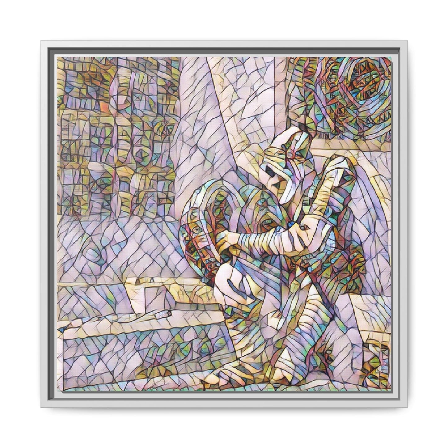 Framed Matte Canvas Art — Colorful Stained-Glass Astronaut Embrace
