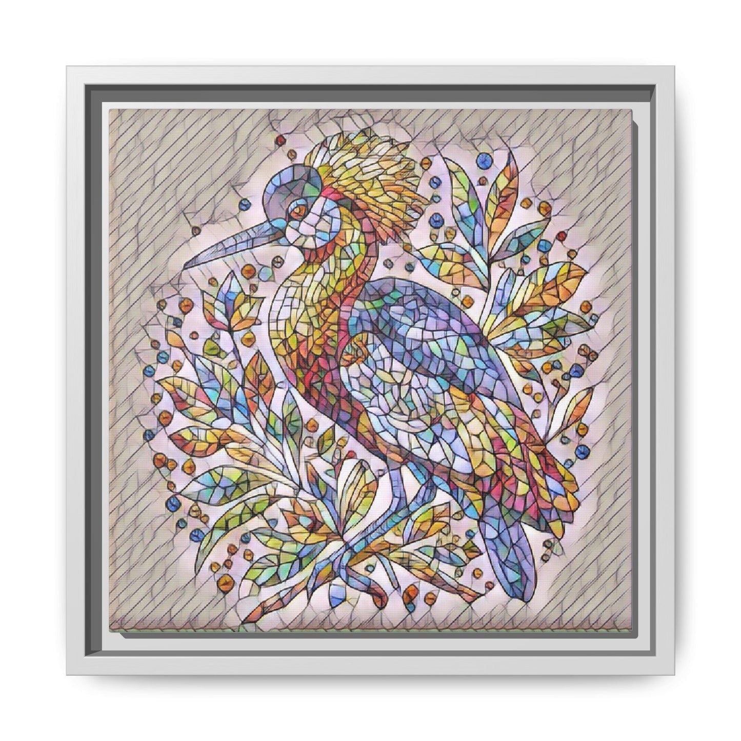Colorful Stained-Glass Heron — Framed Matte Canvas Wall Art