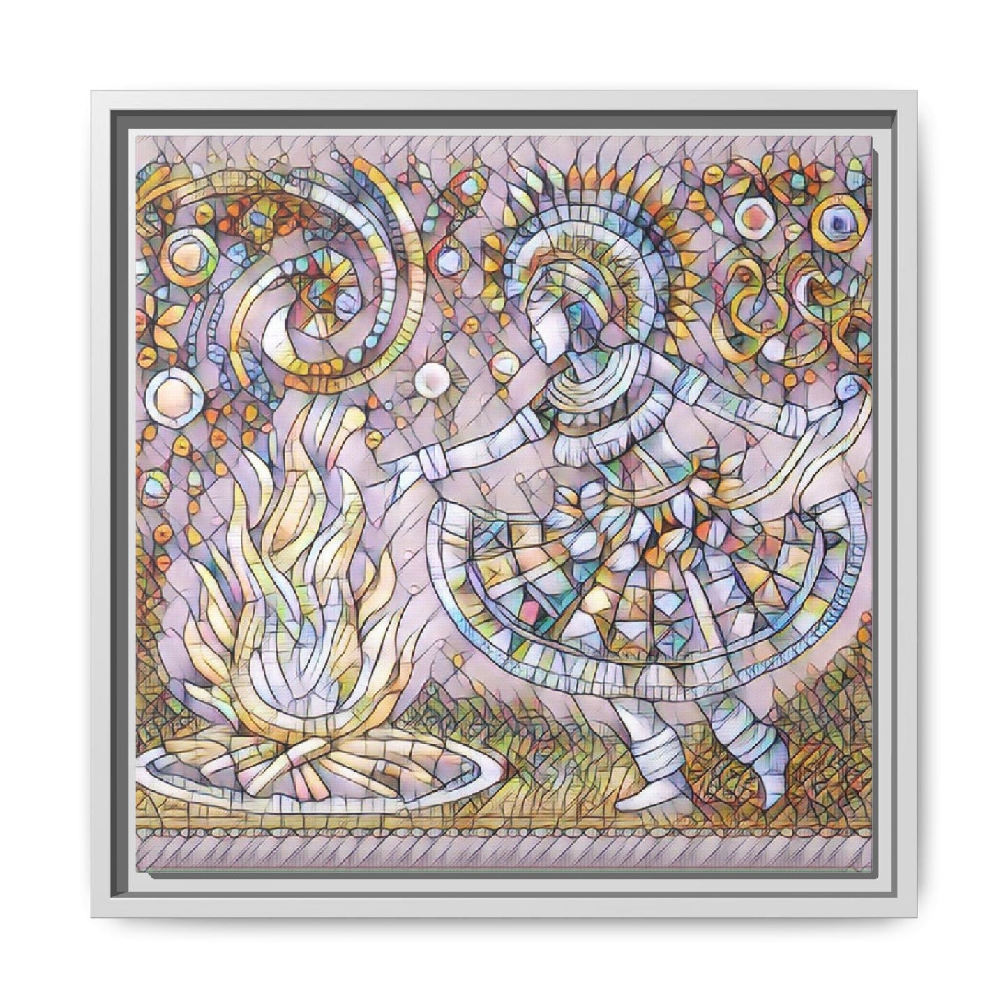 Bohemian Fire Dancer Framed Canvas Art — Colorful Folk Mosaic Wall Decor