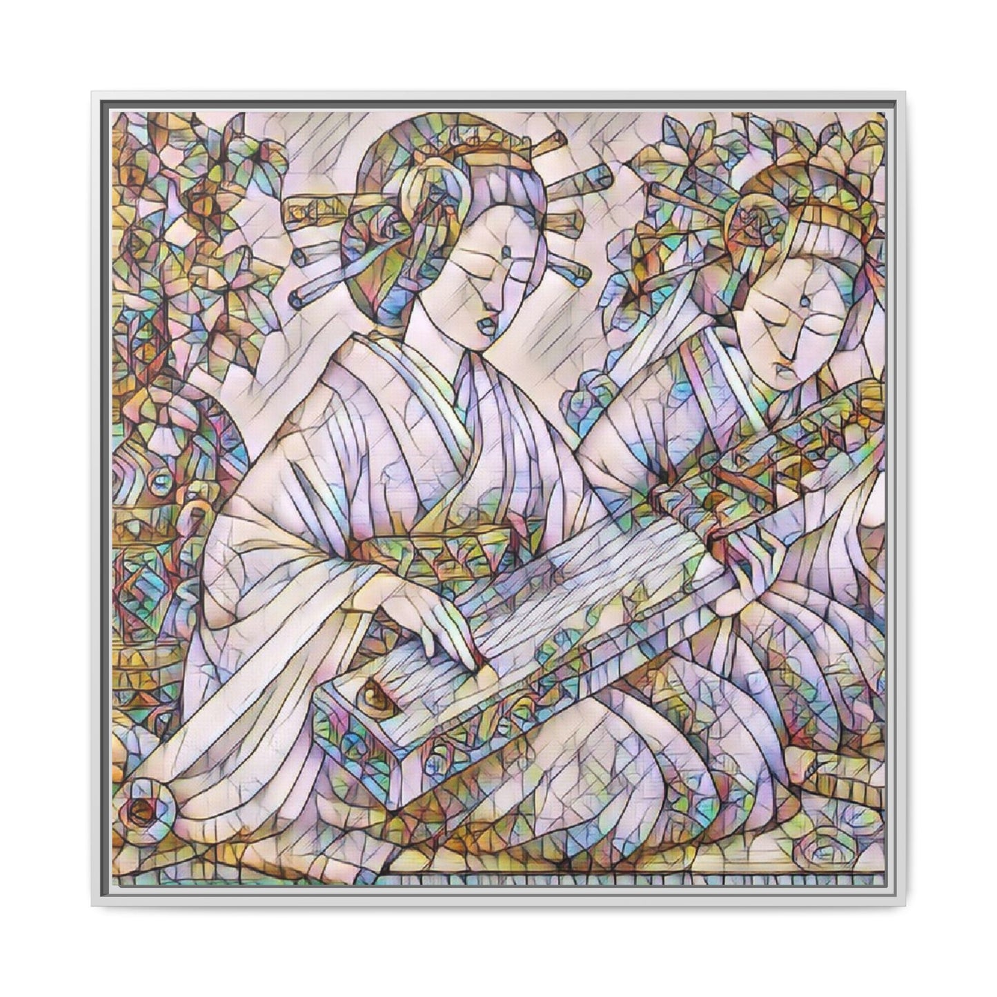 Framed Matte Canvas Print — Stained-Glass Geisha Duo