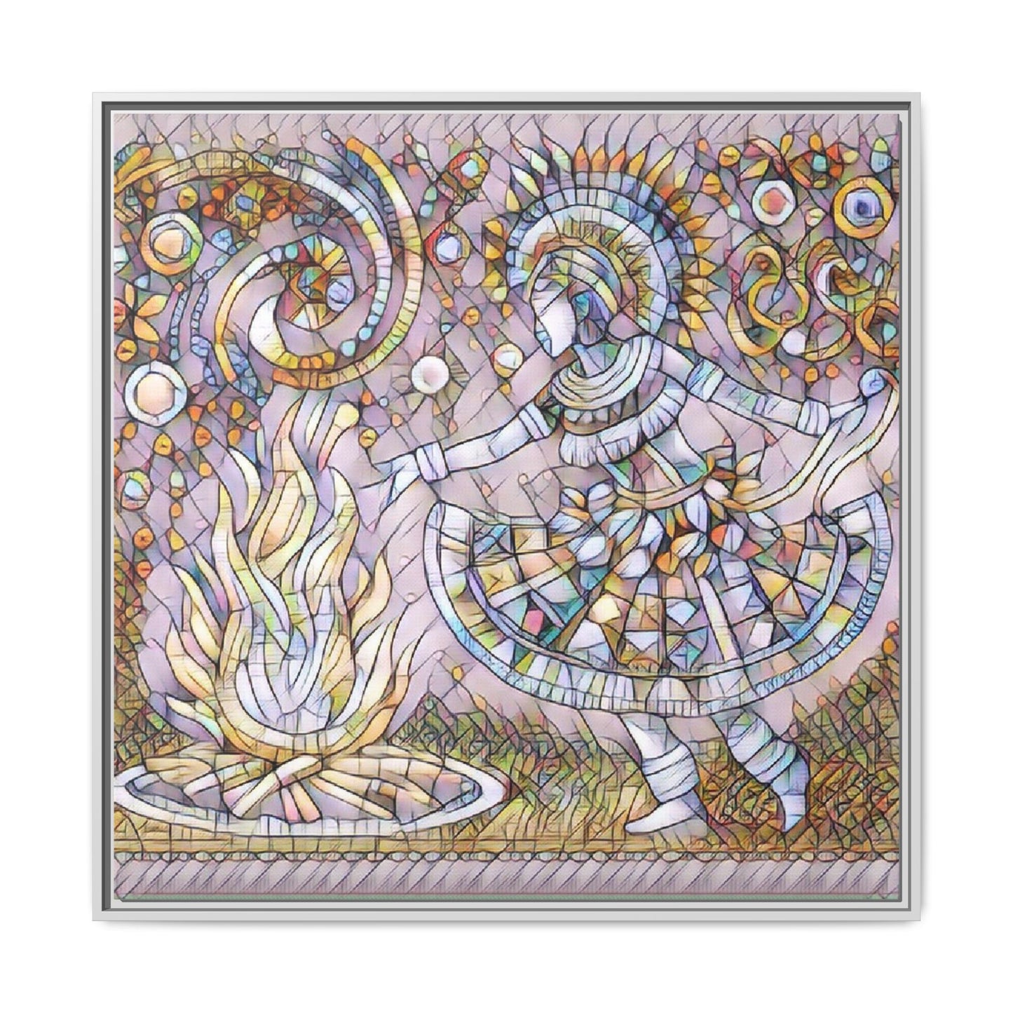 Bohemian Fire Dancer Framed Canvas Art — Colorful Folk Mosaic Wall Decor
