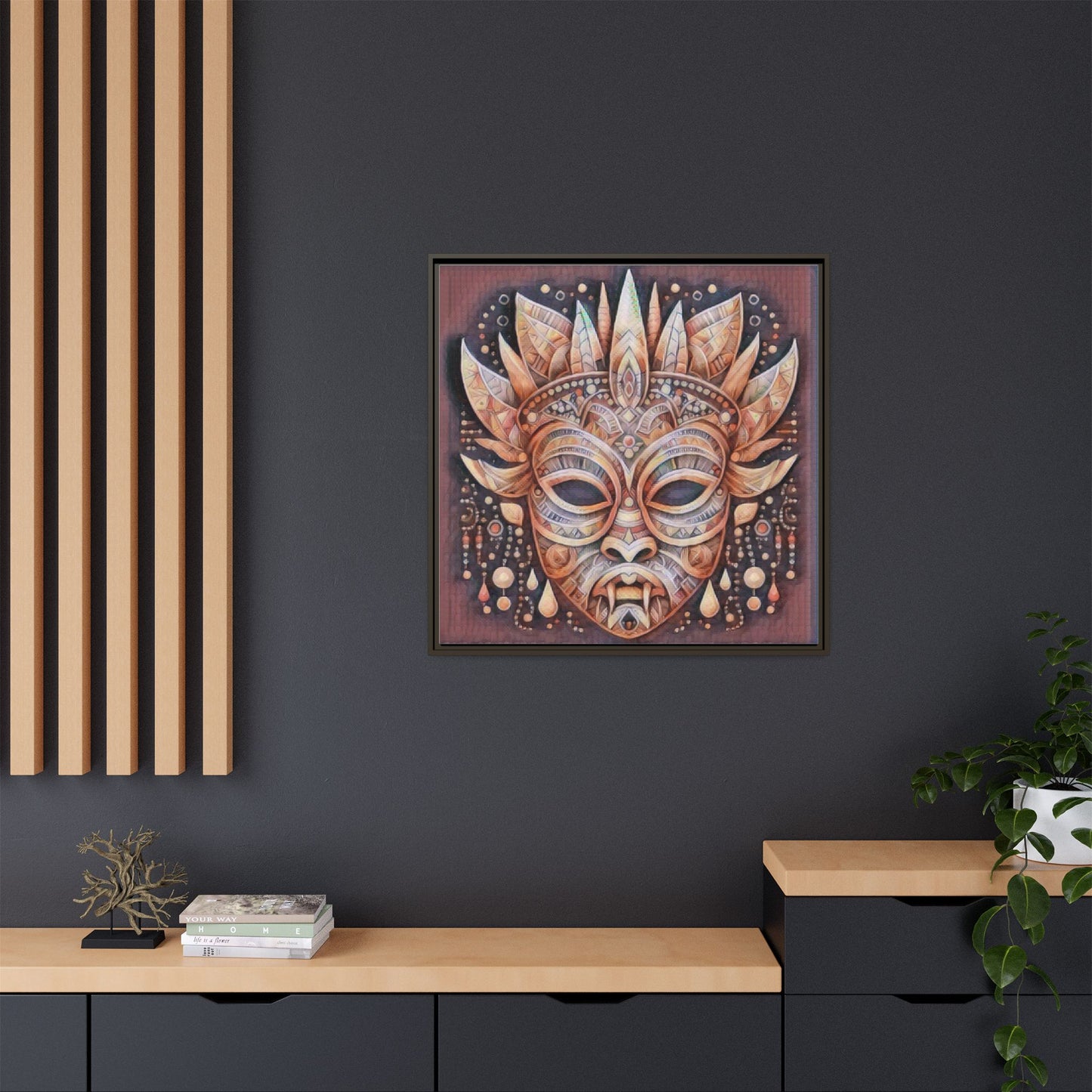 Tribal Sun Mask Framed Canvas Art — Boho Ethnic Wall Decor