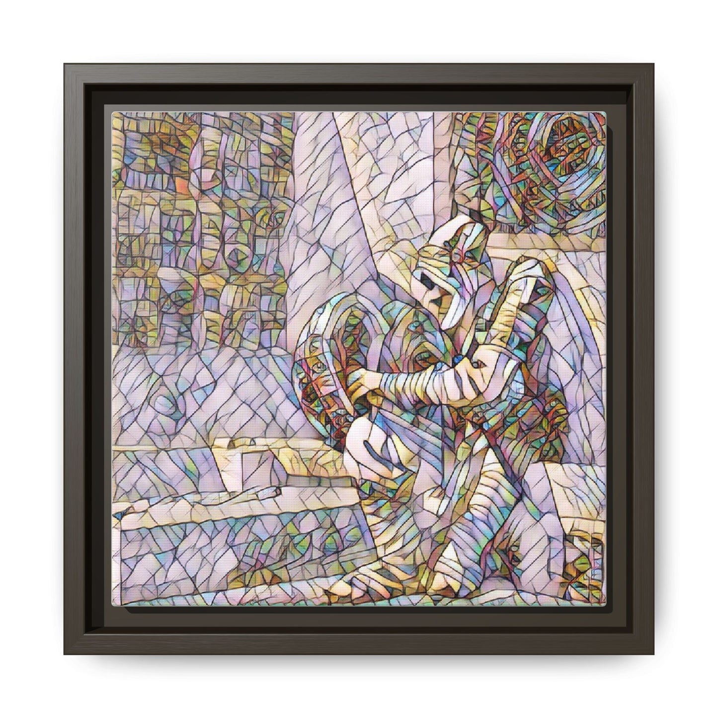Framed Matte Canvas Art — Colorful Stained-Glass Astronaut Embrace