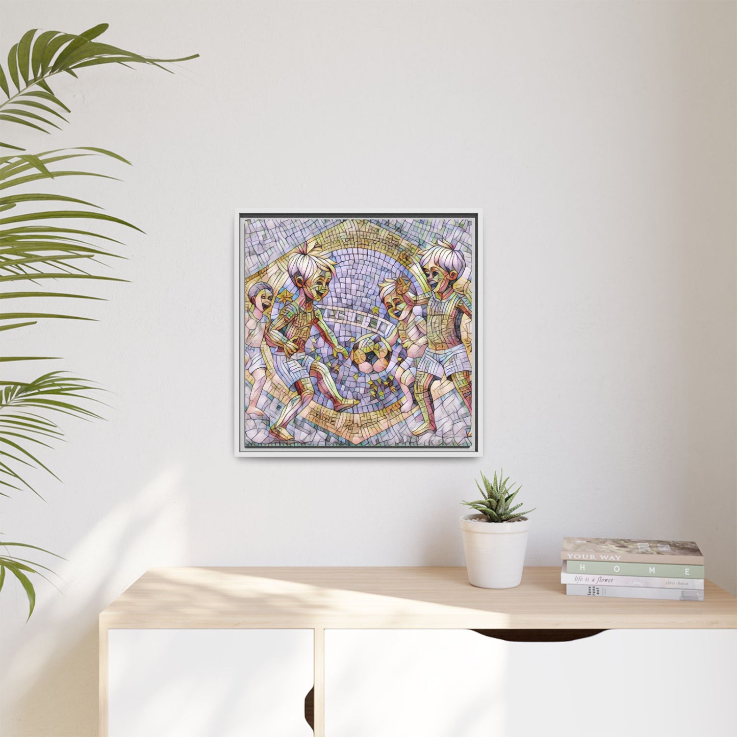 Framed Matte Canvas – Vintage Mosaic Kids Playing Soccer Art