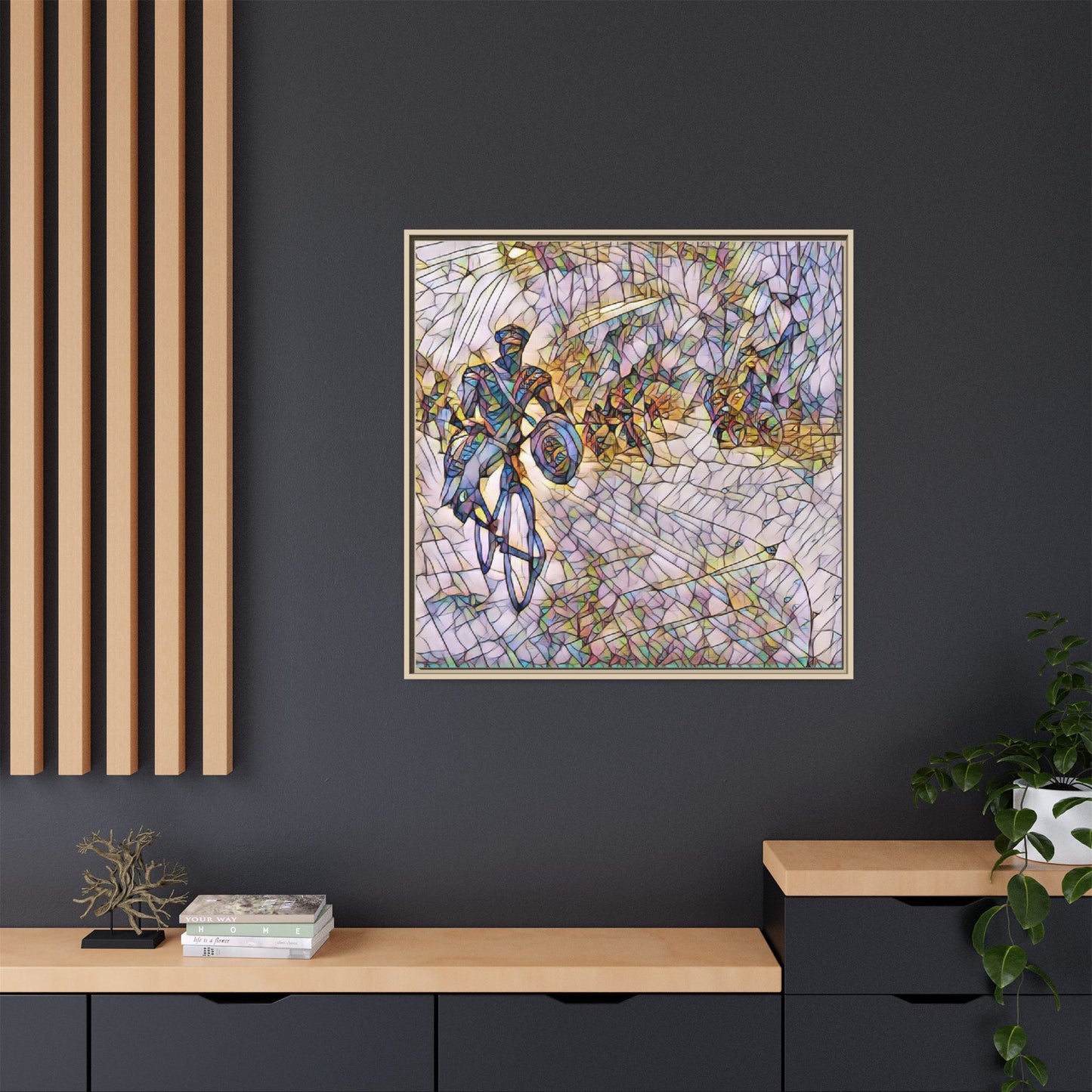 Cyclist Mosaic Matte Canvas Framed Wall Art — Colorful Biking Scene