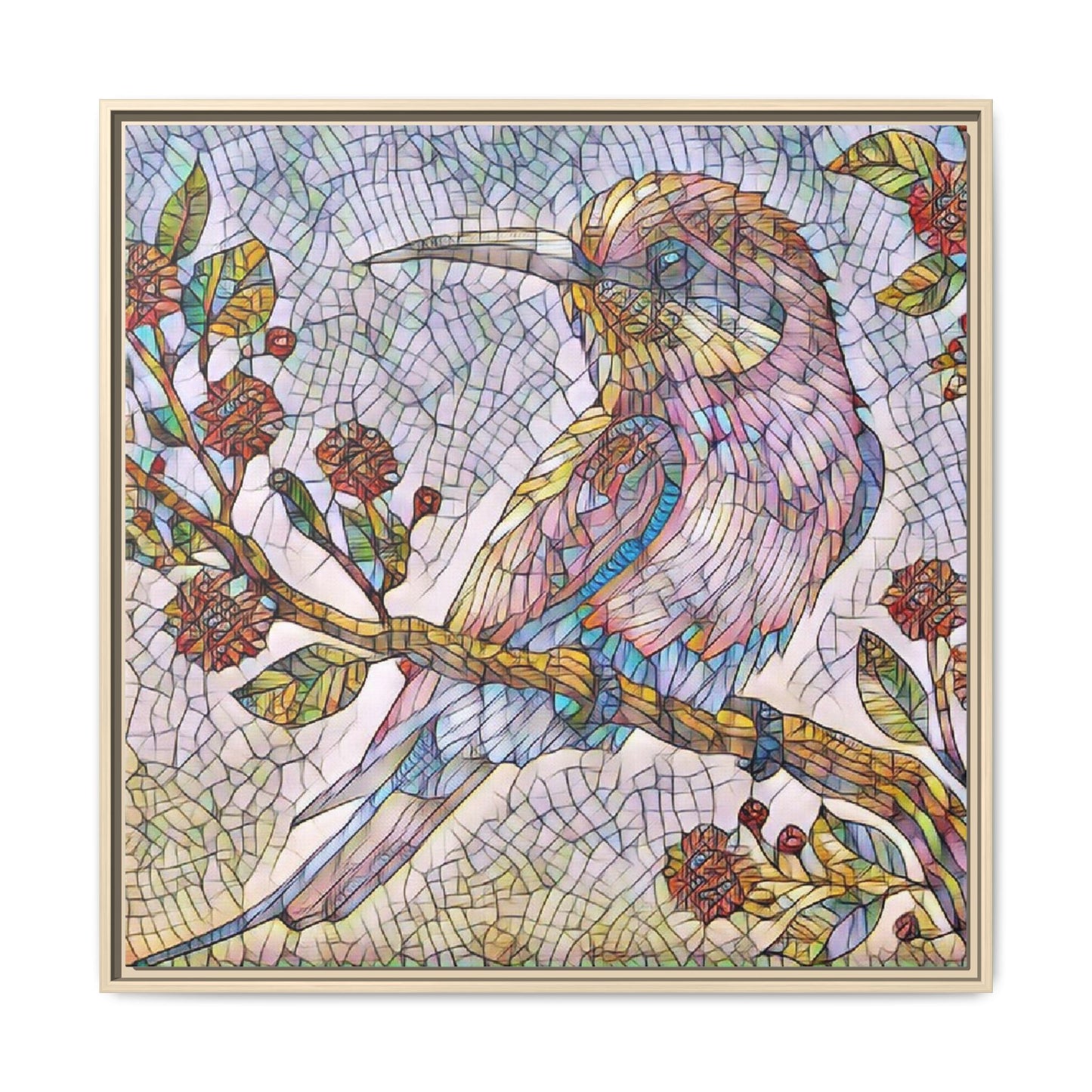Framed Mosaic Bird Art Print — Colorful Kookaburra Wall Canvas