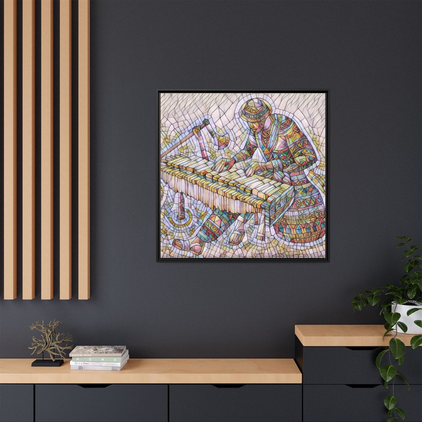 Framed Canvas Art - Colorful Mosaic Vibraphone Musician Print