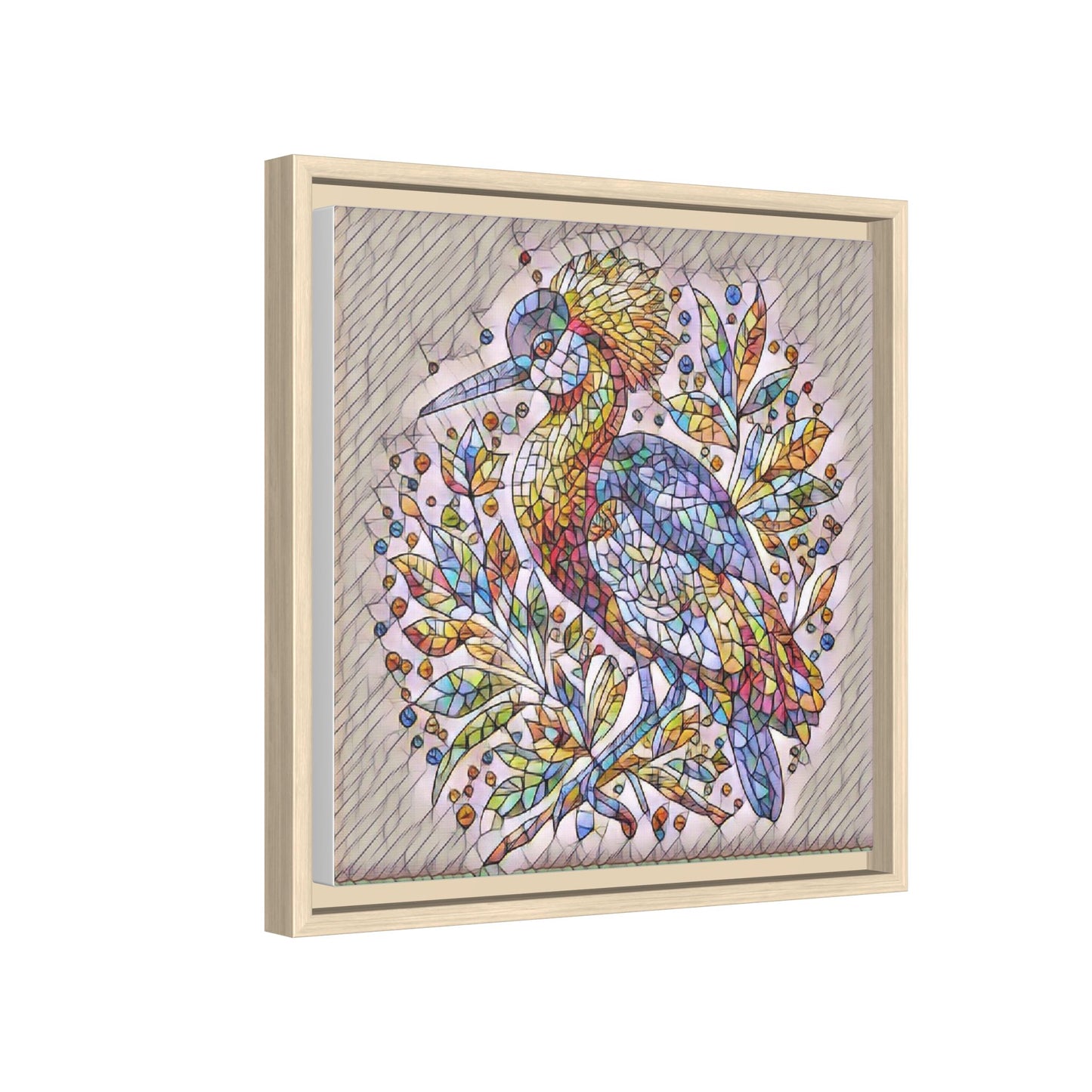 Colorful Stained-Glass Heron — Framed Matte Canvas Wall Art