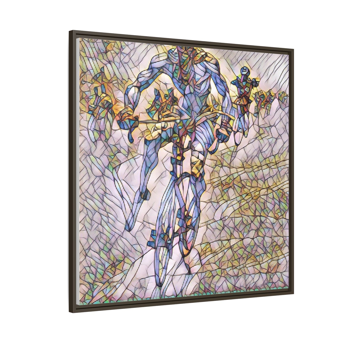 Abstract Cyclist Matte Canvas Framed Art — Colorful Stained-Glass Bike Print