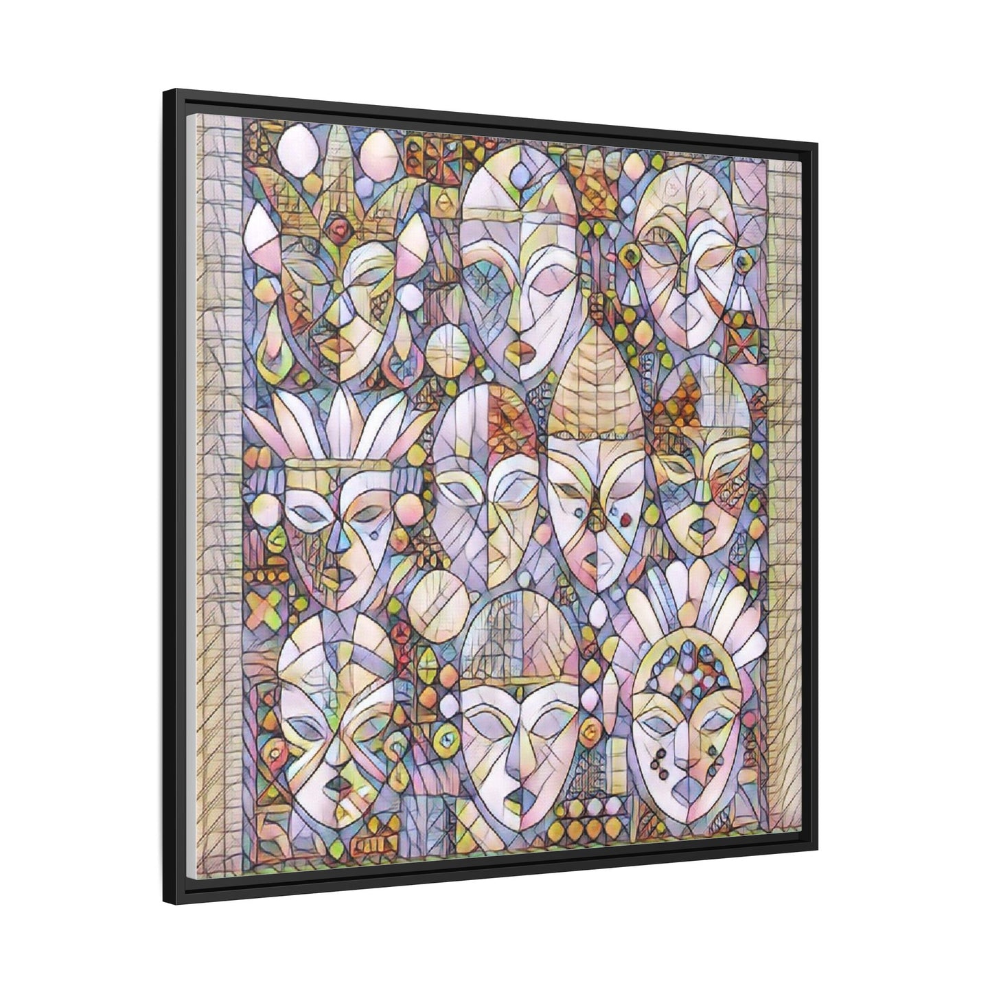 Framed Abstract Mask Art Canvas — Multicolor Stained-Glass Faces Wall Decor
