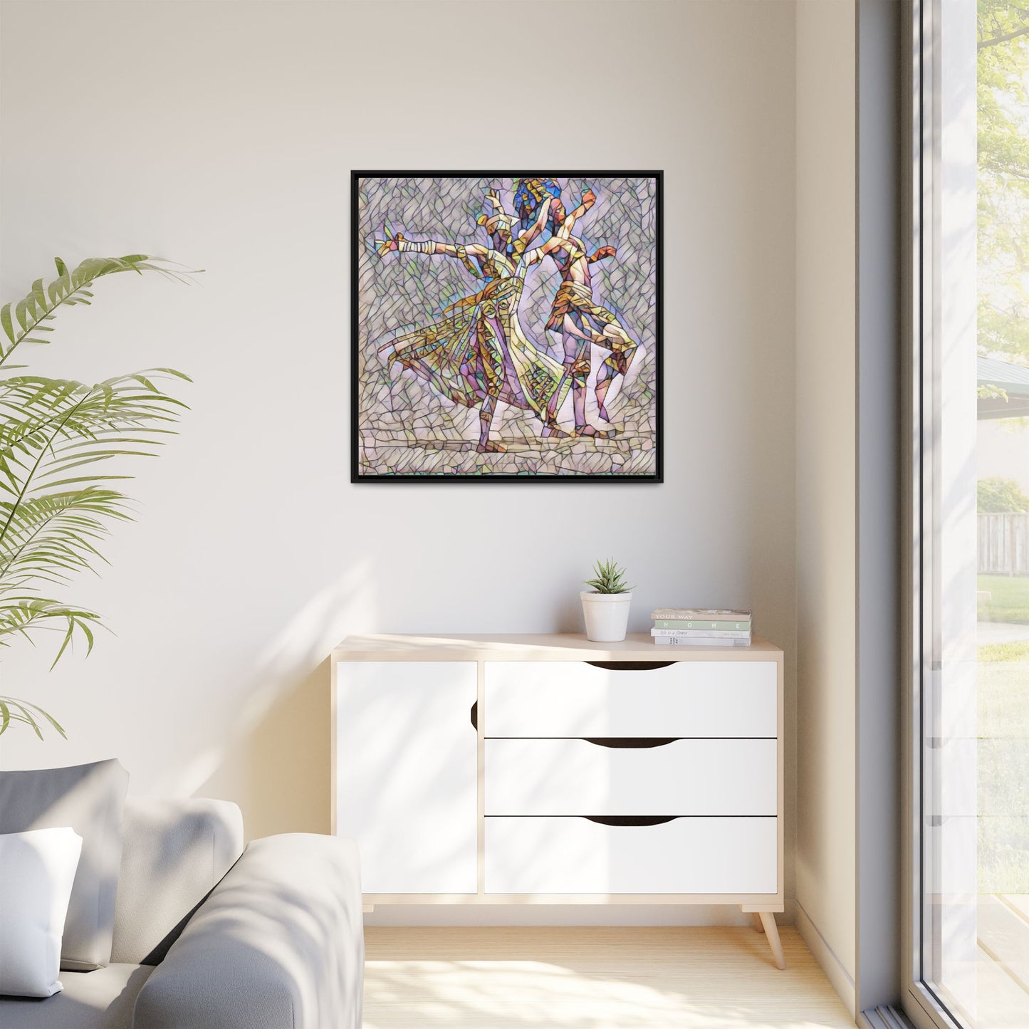 Framed Matte Canvas Wall Art — Abstract Dancers in Stained Glass Style