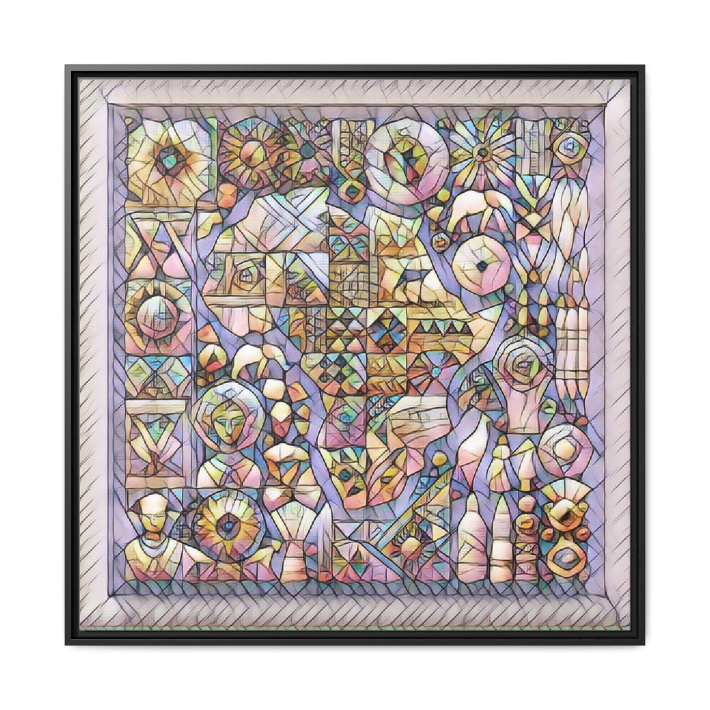 Framed Abstract Mosaic Matte Canvas Art — Pastel Geometric Wall Decor