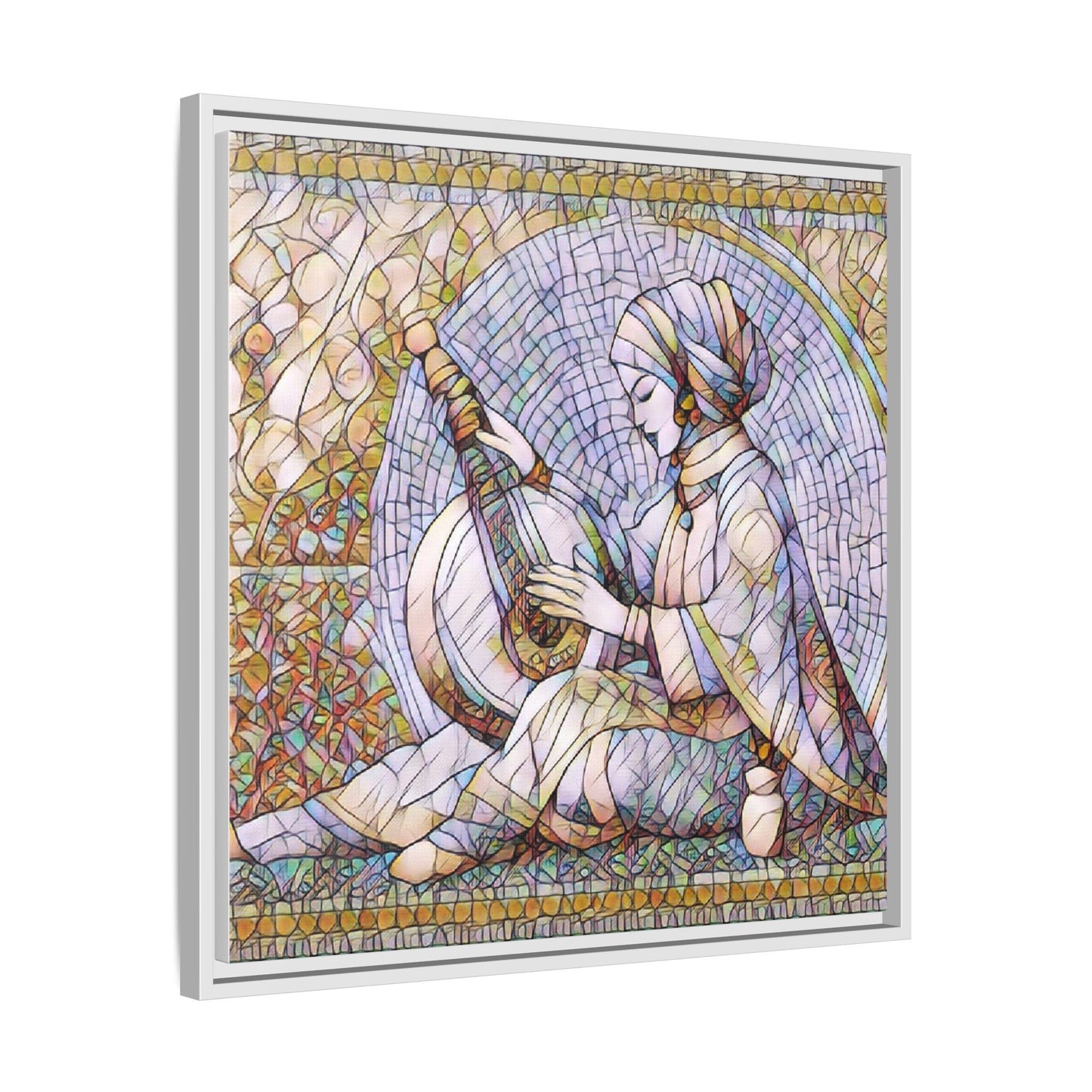 Framed Matte Canvas: Mosaic Lute Player Wall Art — Bohemian Musical Portrait