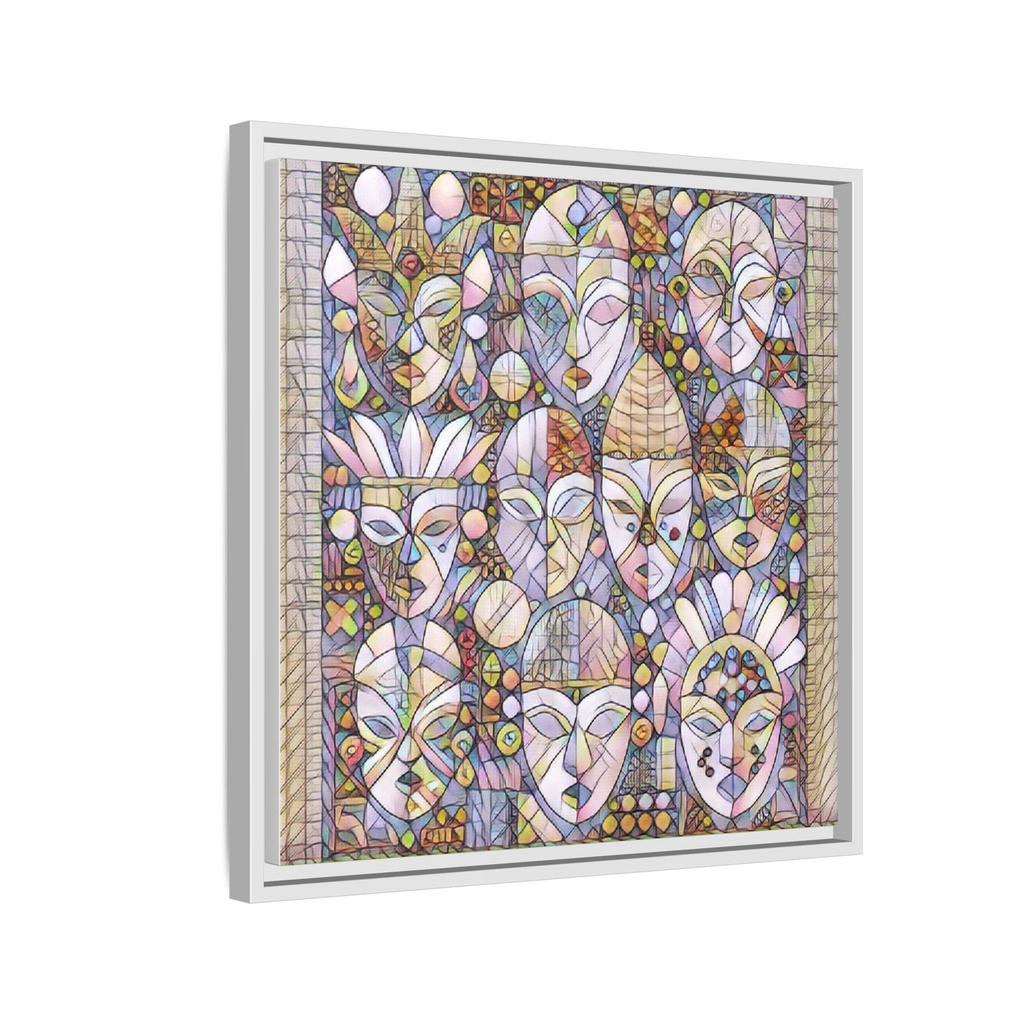Framed Abstract Mask Art Canvas — Multicolor Stained-Glass Faces Wall Decor