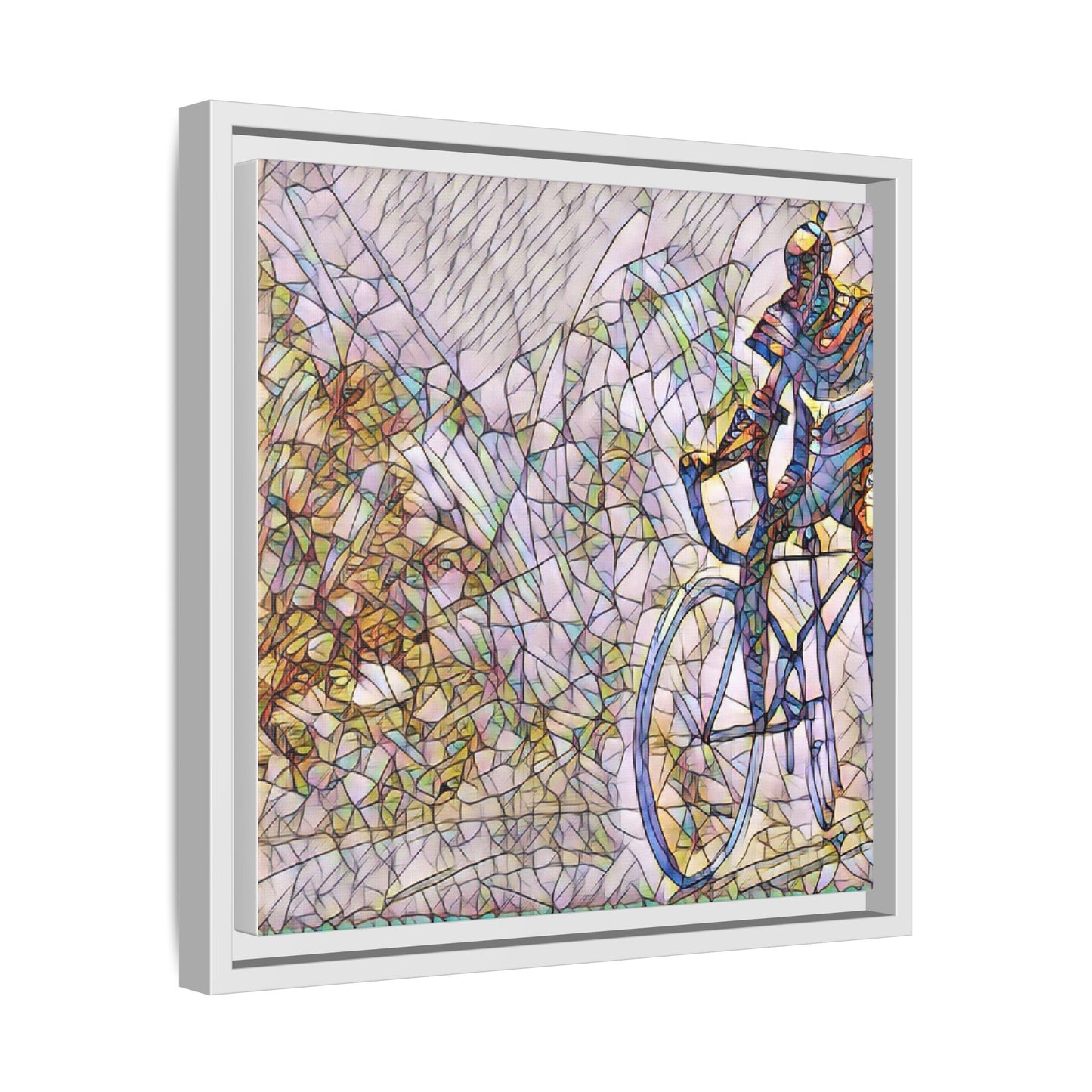 Colorful Cyclist Stained-Glass Art — Framed Matte Canvas