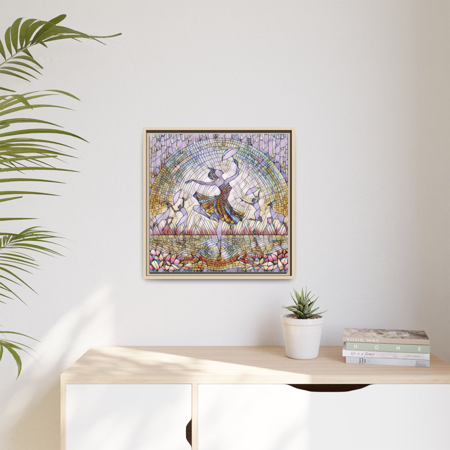 Stained Glass Ballerina Framed Canvas Art — Dancer Mosaic Wall Decor
