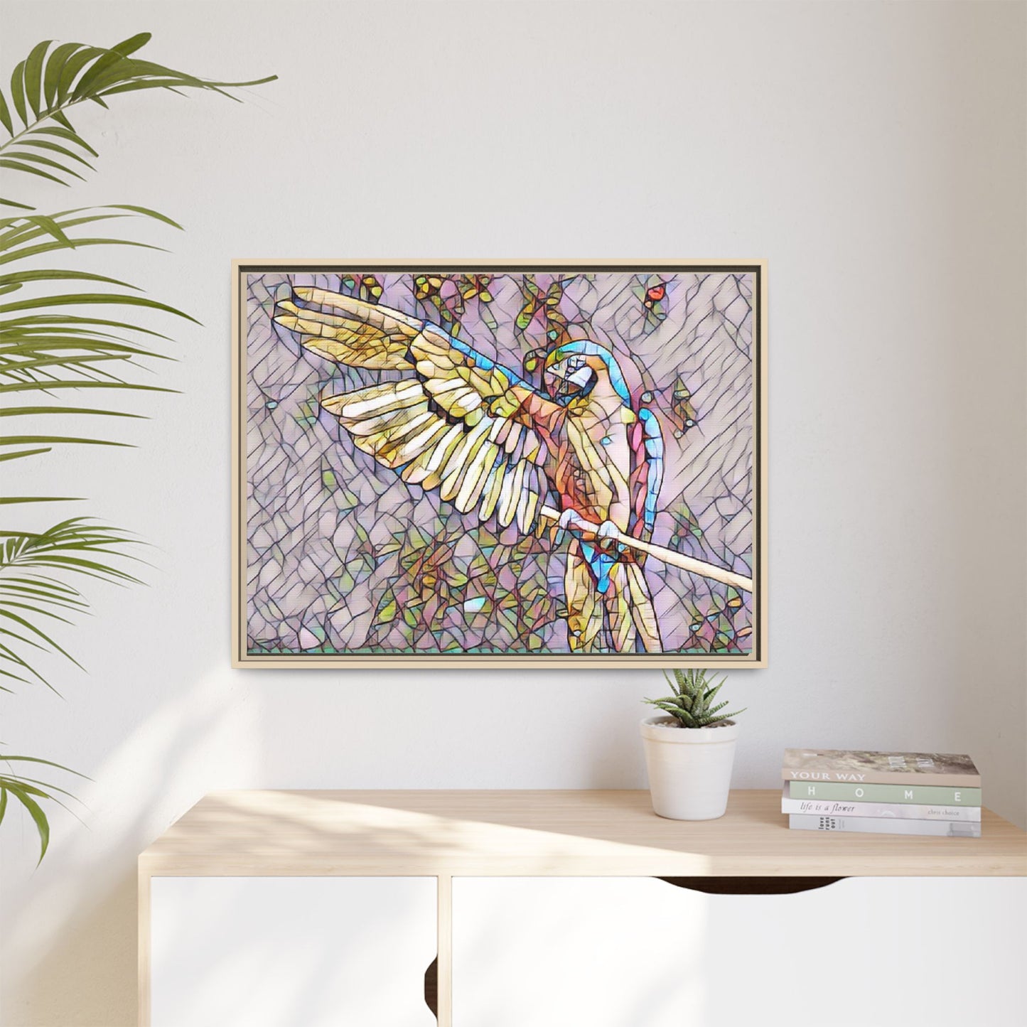 Framed Parrot Stained-Glass Art Print — Matte Canvas Wall Decor