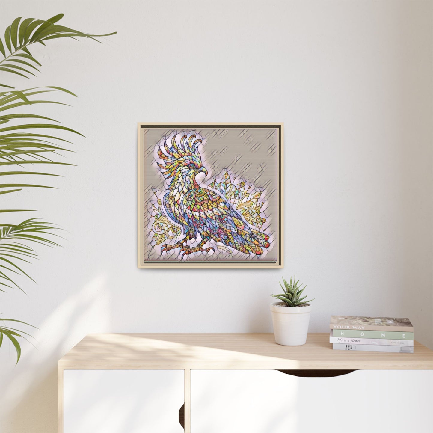 Colorful Stained-Glass Cockatoo Matte Framed Canvas