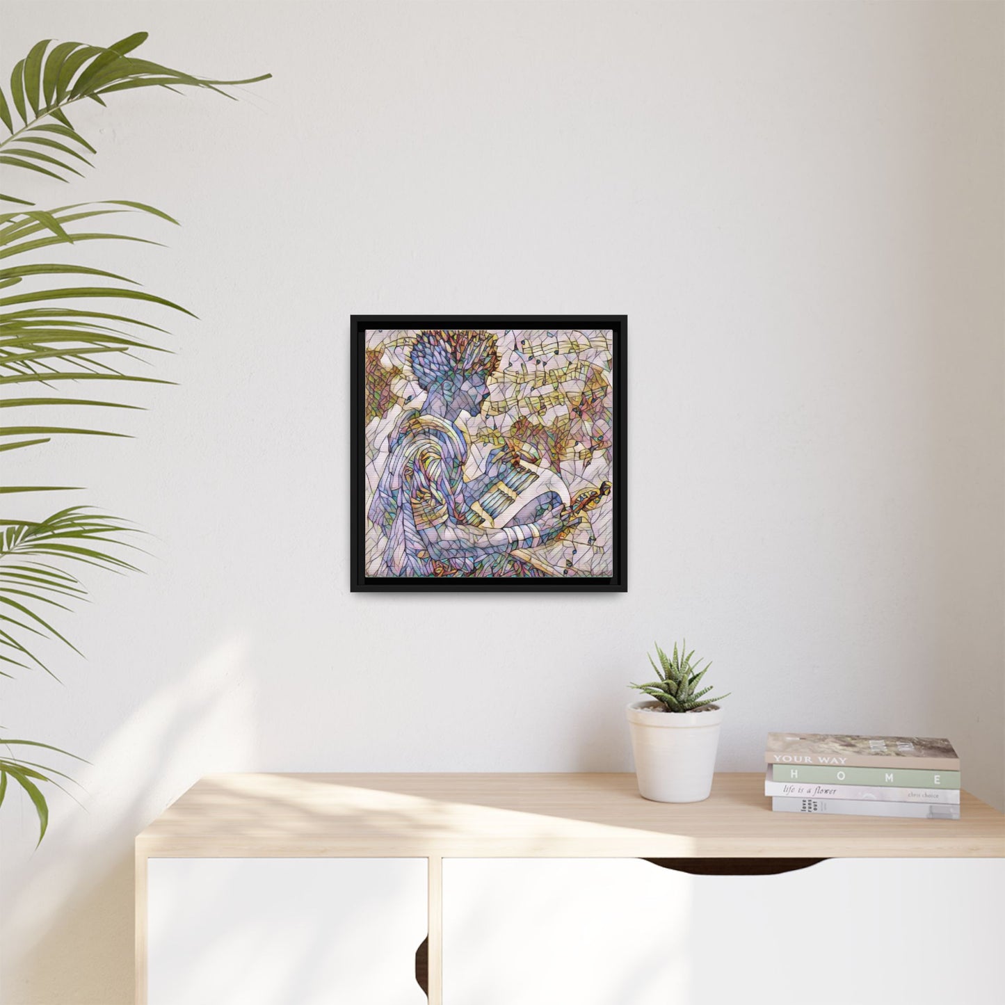 Abstract Jazz Musician Framed Canvas Art — Colorful Stained-Glass Style Wall Decor
