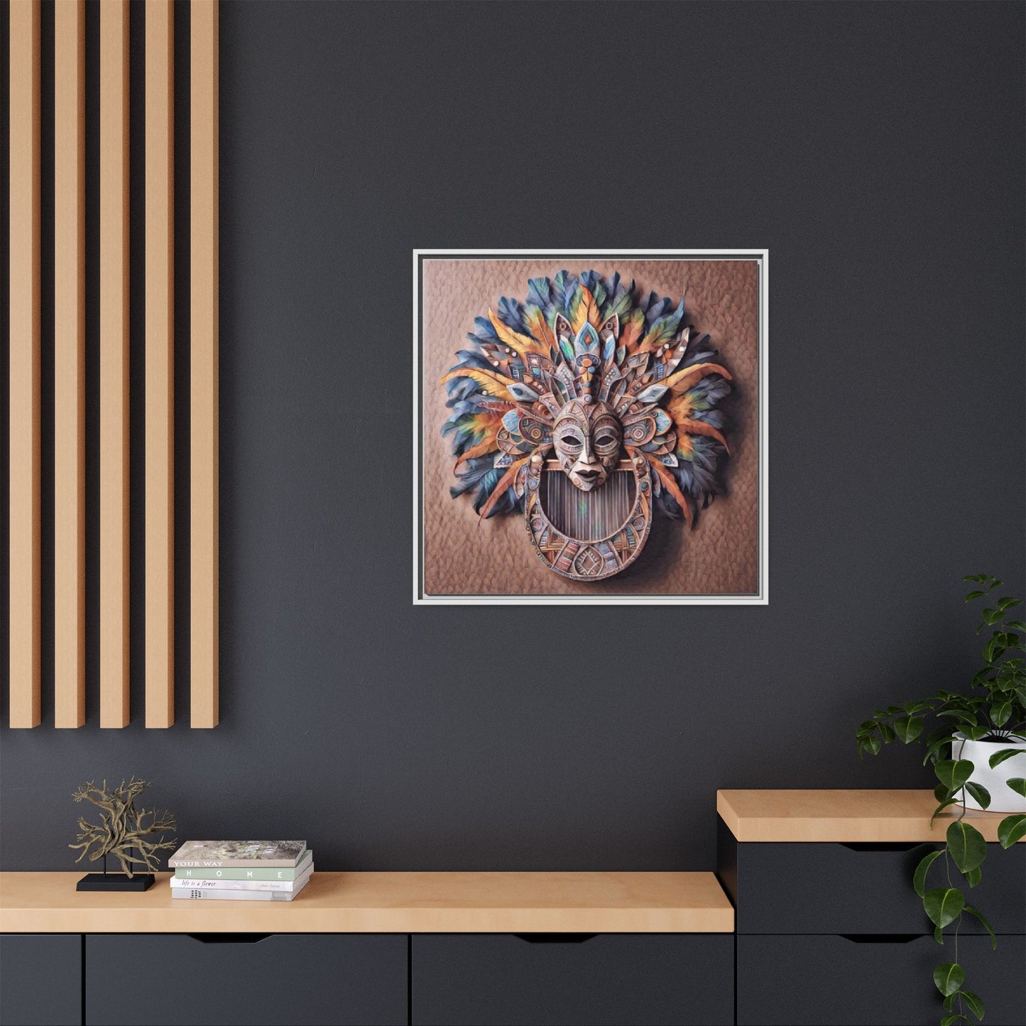Tribal Feather Mask Framed Canvas Wall Art — Colorful Boho Decorative Print