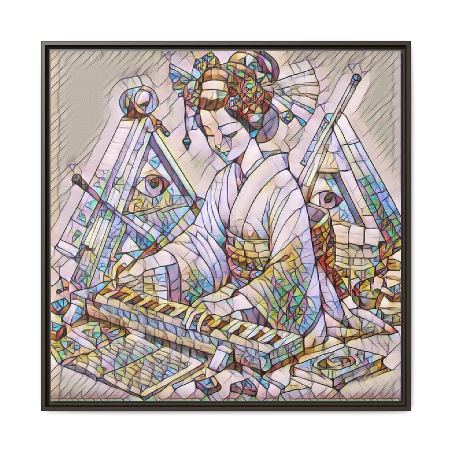 Framed Matte Canvas: Stained-Glass Geisha Wall Art