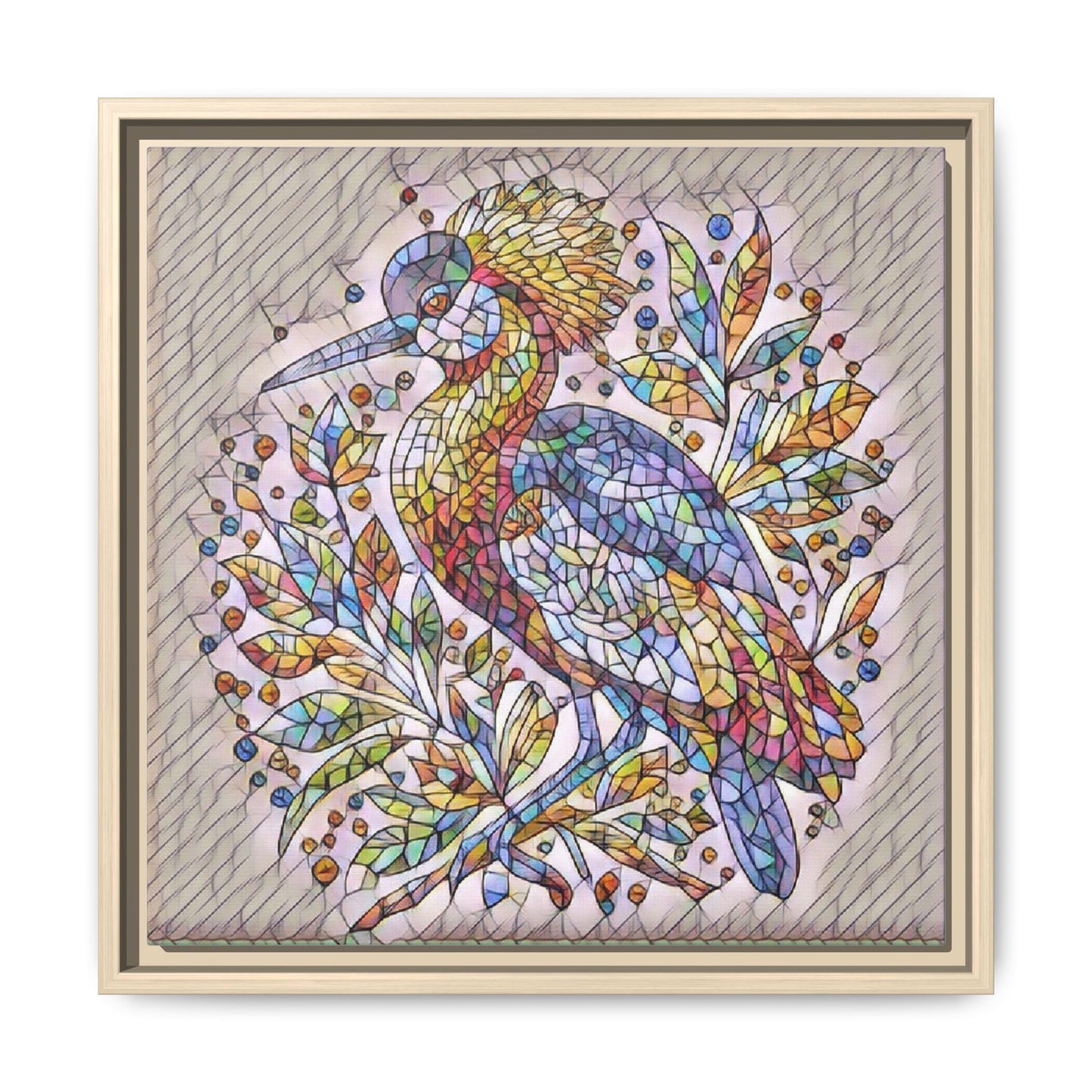 Colorful Stained-Glass Heron — Framed Matte Canvas Wall Art