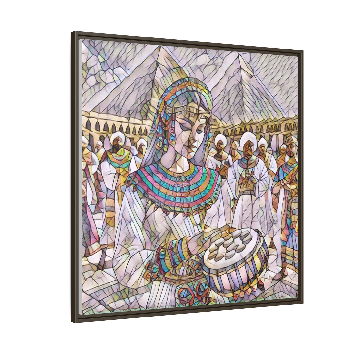 Egyptian Drum Player Framed Canvas Art — Colorful Ancient Scene Wall Decor