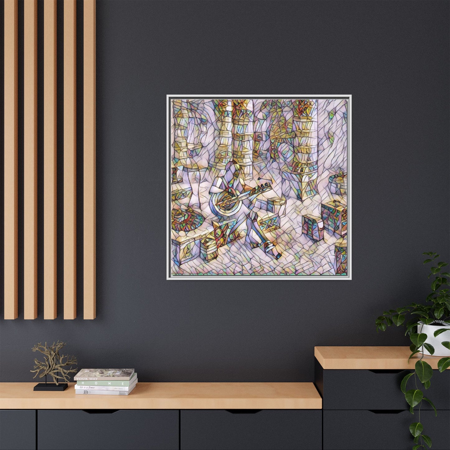 Framed Matte Canvas Art - Abstract Guitarist in Colorful Mosaic