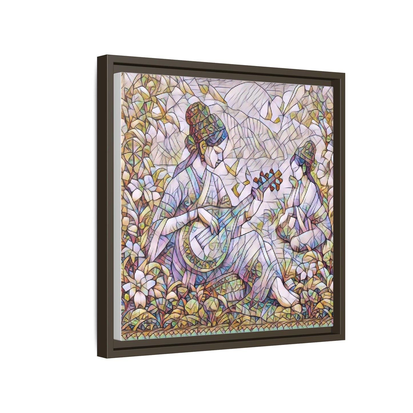Framed Matte Canvas Art - Vintage Asian Musicians Floral Illustration