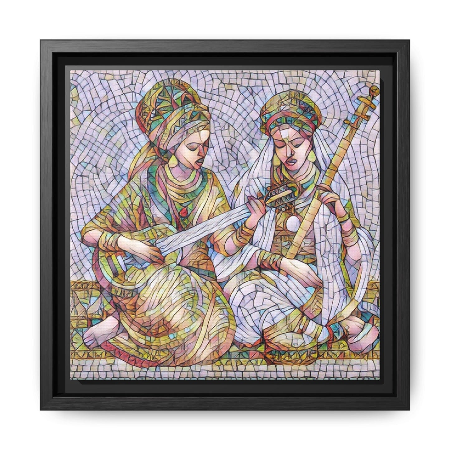 Framed Mosaic Art Print — Two Women Playing Lutes (Matte Canvas)