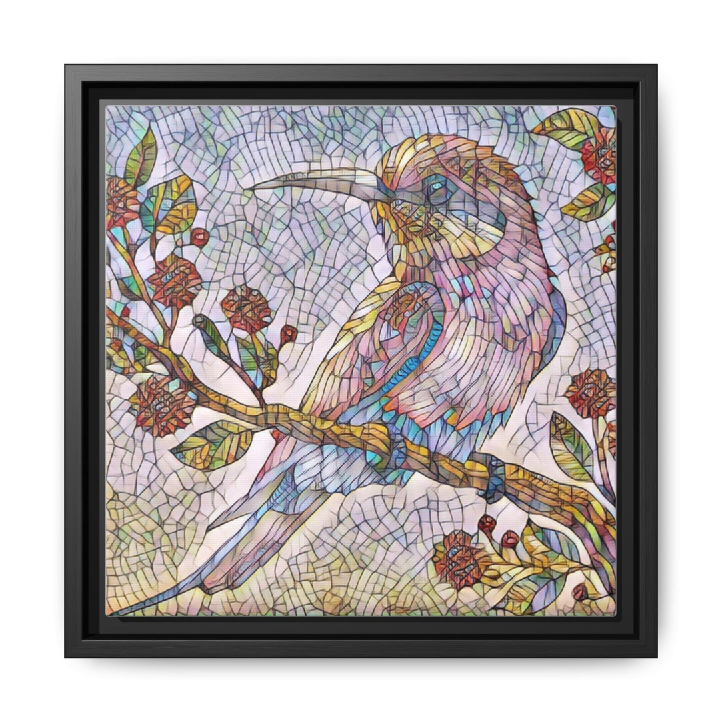 Framed Mosaic Bird Art Print — Colorful Kookaburra Wall Canvas