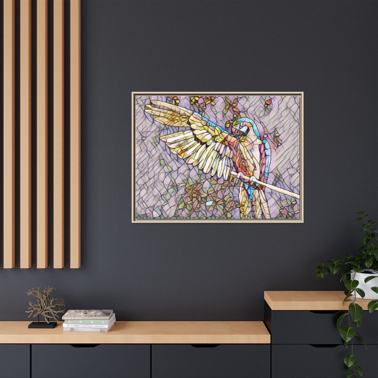 Framed Parrot Stained-Glass Art Print — Matte Canvas Wall Decor
