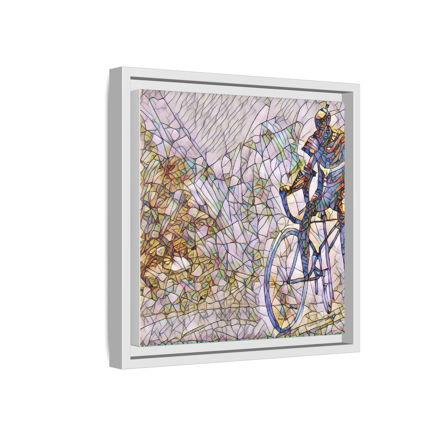 Colorful Cyclist Stained-Glass Art — Framed Matte Canvas