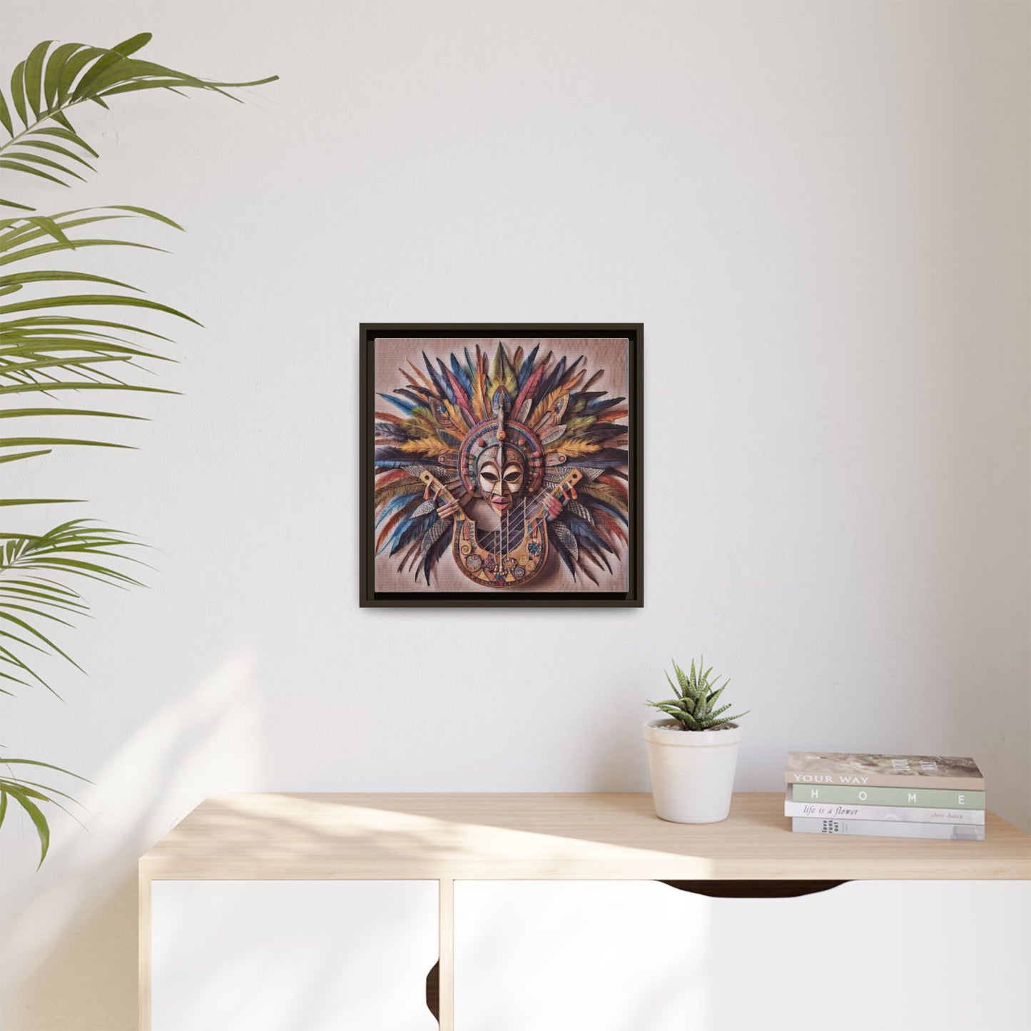 Tribal Feather Mask Guitar Framed Canvas Art — Colorful Boho Wall Decor