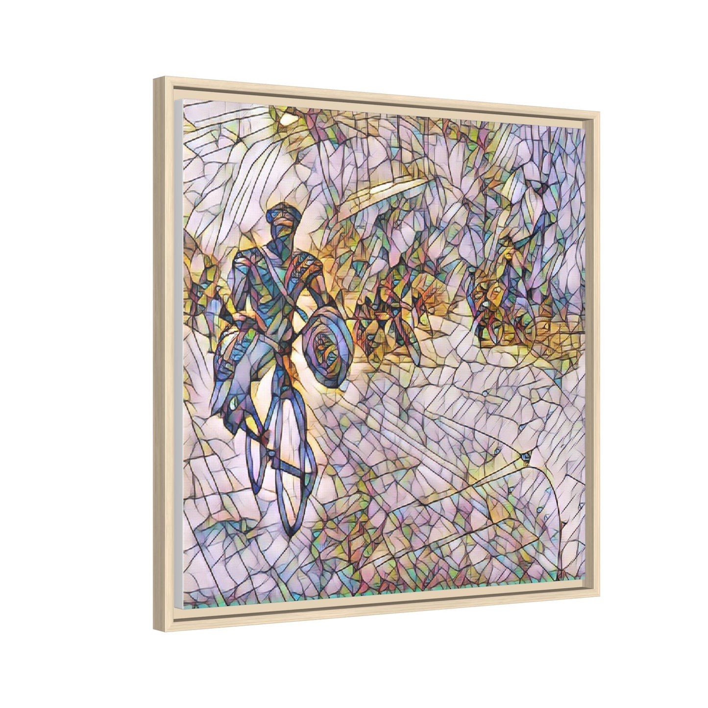 Cyclist Mosaic Matte Canvas Framed Wall Art — Colorful Biking Scene