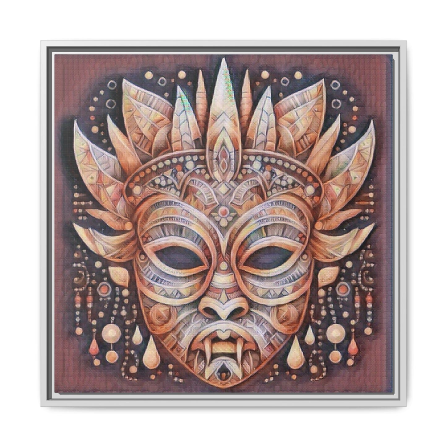 Tribal Sun Mask Framed Canvas Art — Boho Ethnic Wall Decor