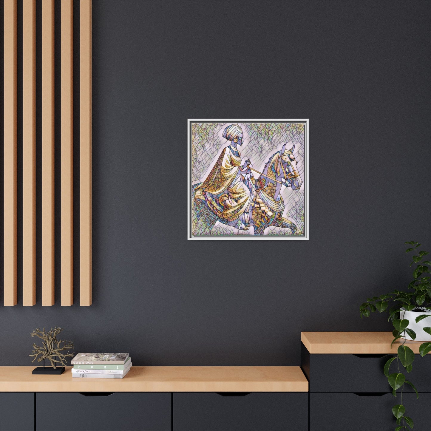Mosaic Rider Framed Canvas Art — African Horsewoman Wall Decor