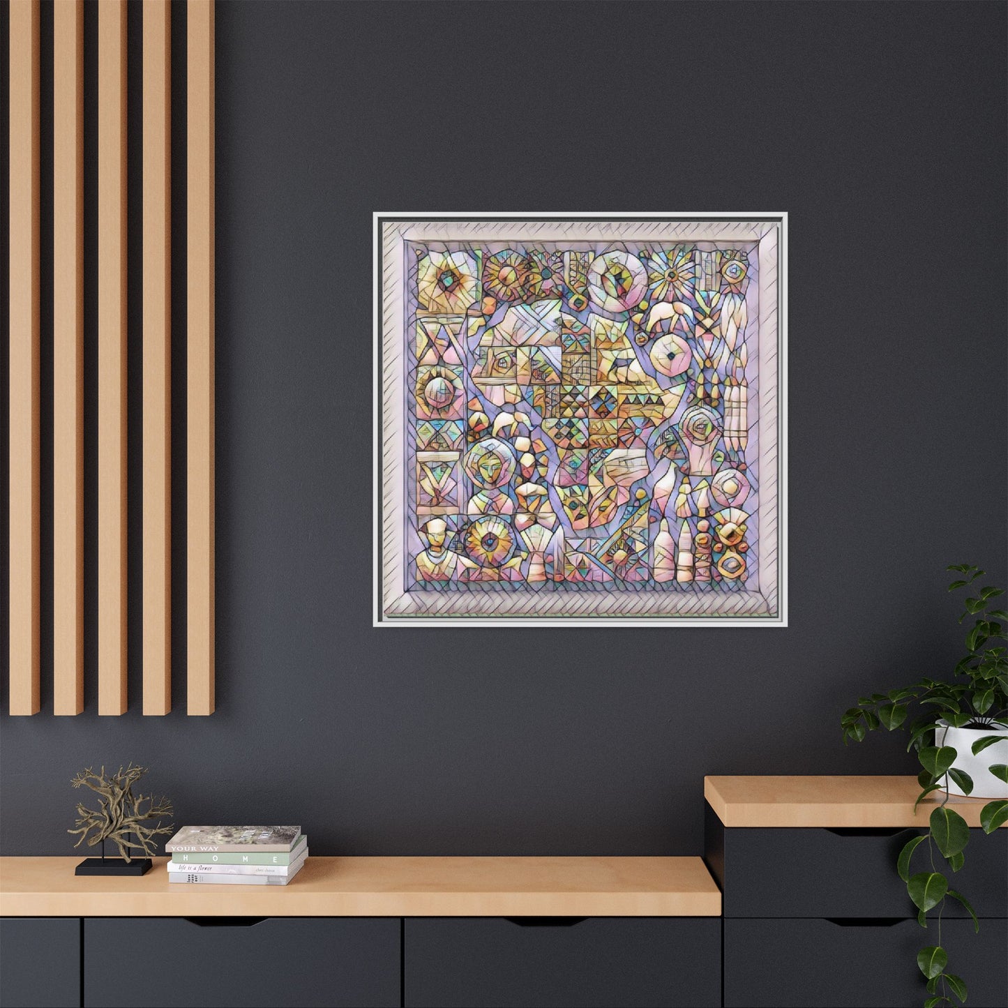 Framed Abstract Mosaic Matte Canvas Art — Pastel Geometric Wall Decor