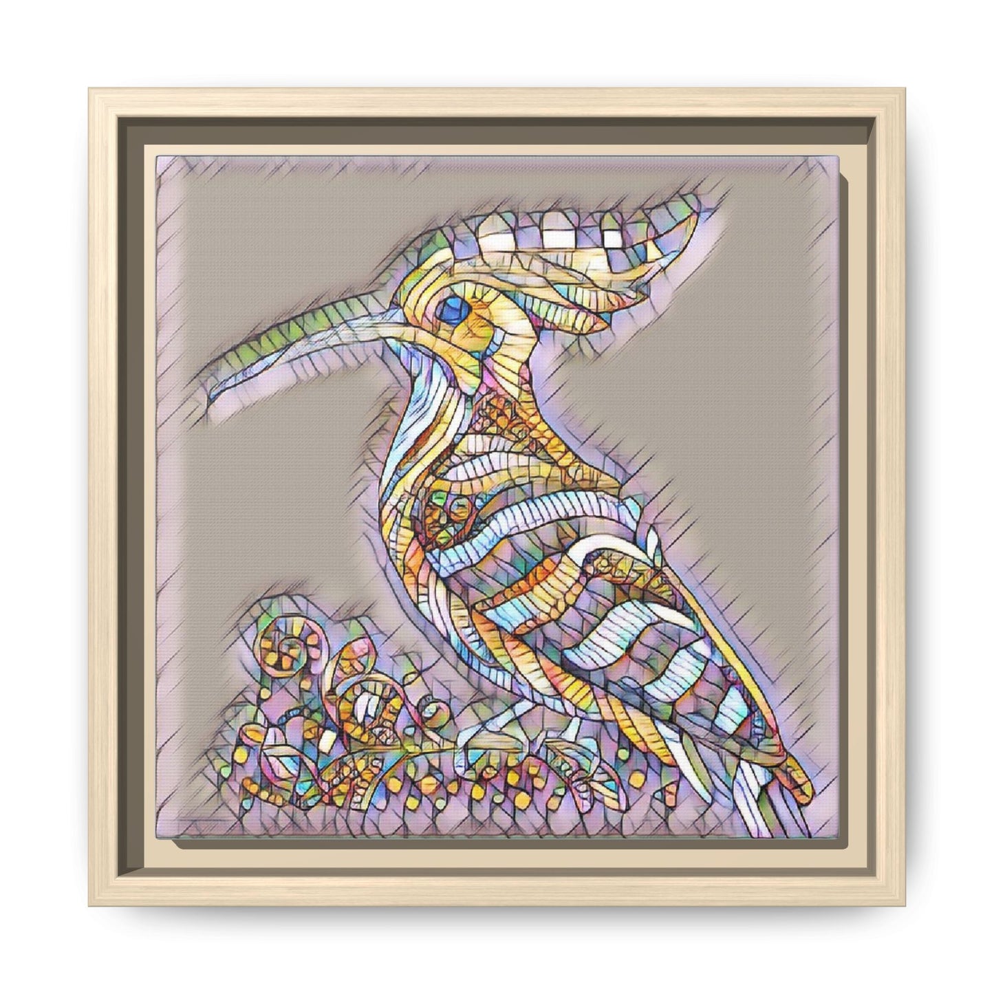 Colorful Mosaic Bird Framed Canvas Art — Whimsical Hoopoe Wall Decor