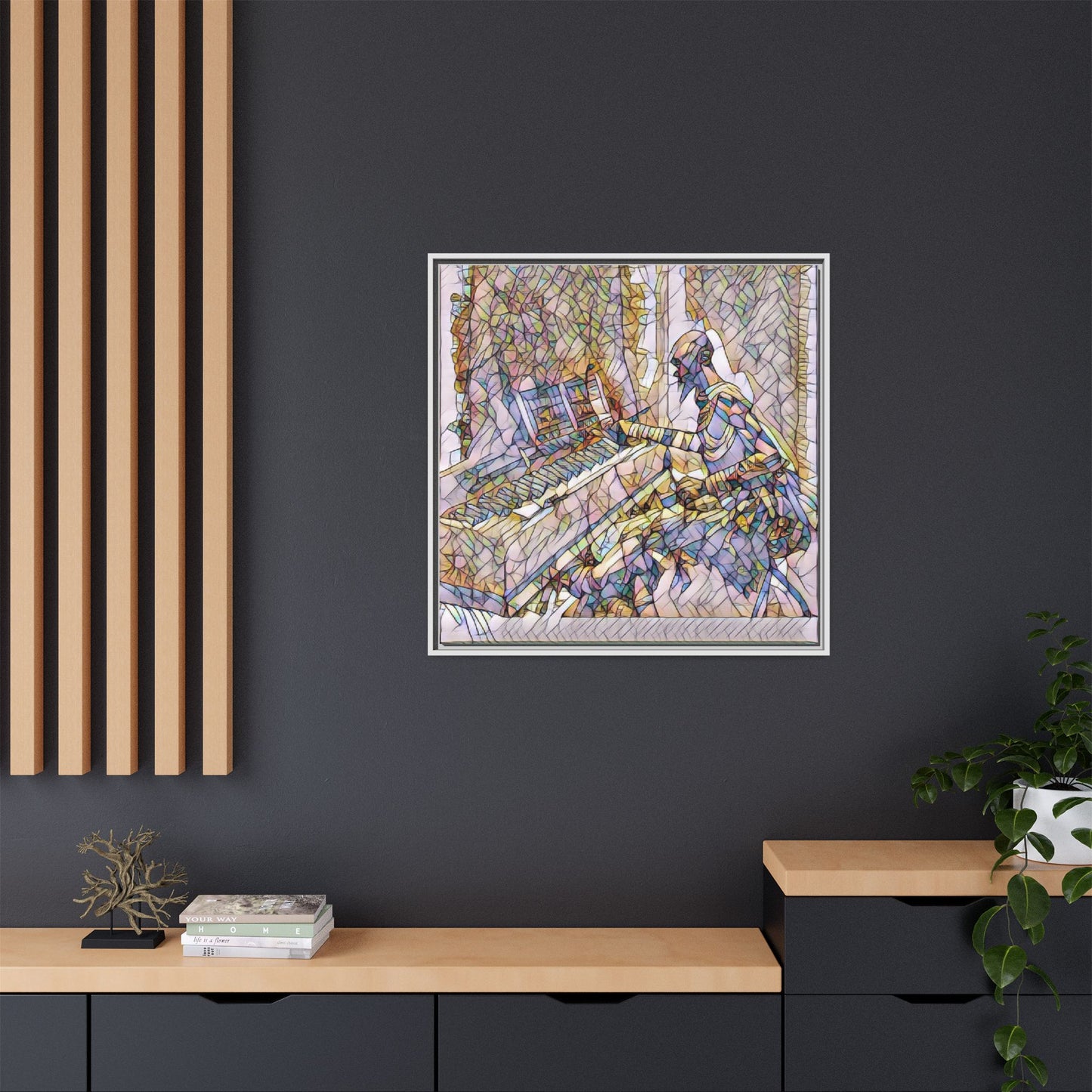 Framed Matte Canvas Art — Colorful Abstract Musician at Piano