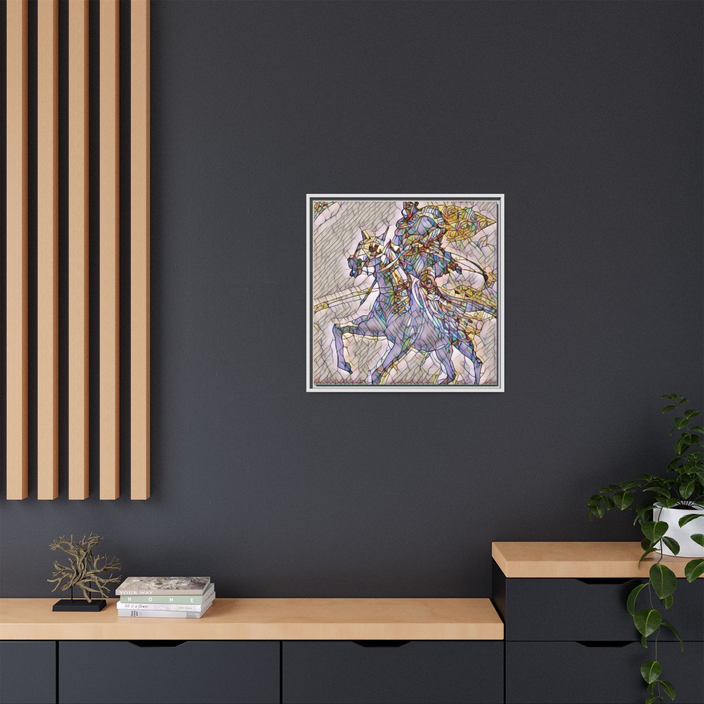 Framed Matte Canvas Art — Stained Glass Knight on Horse Fantasy Wall Decor