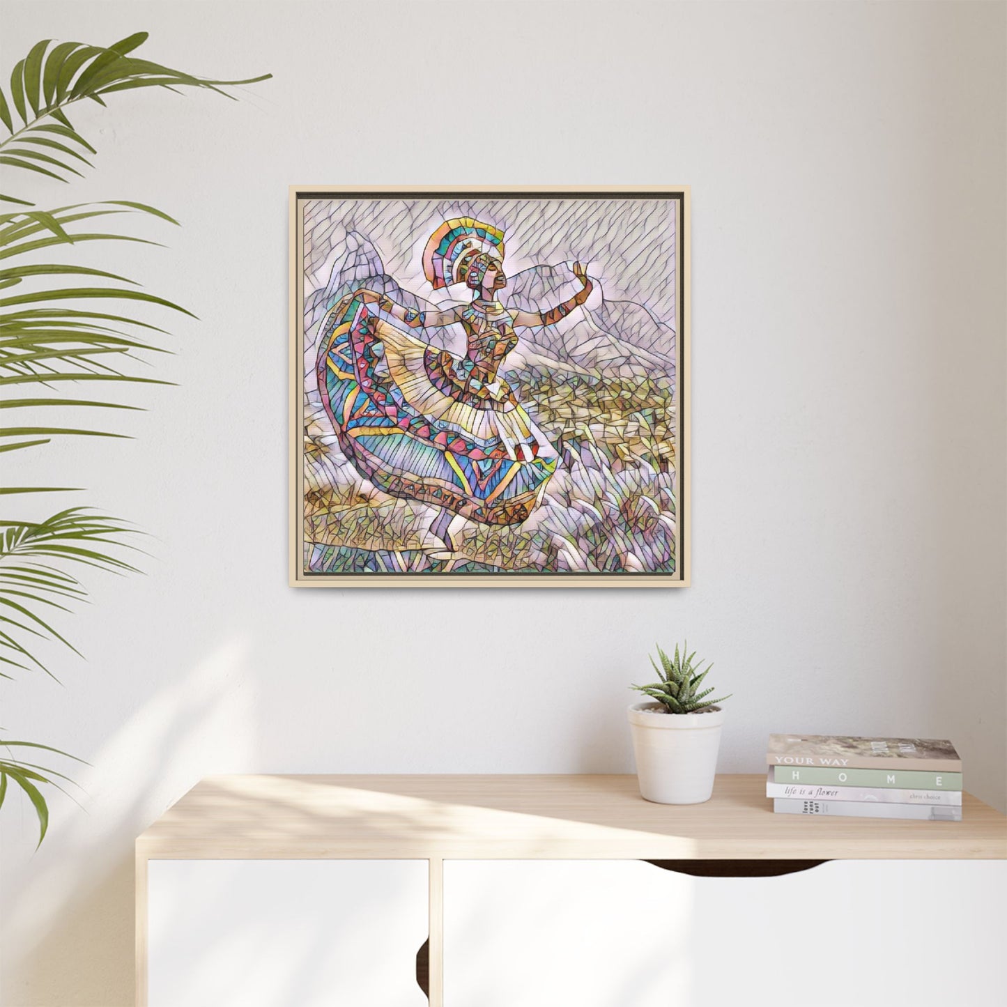 Ballerina Mosaic Framed Canvas Print — Colorful Ethnic Dance Wall Art
