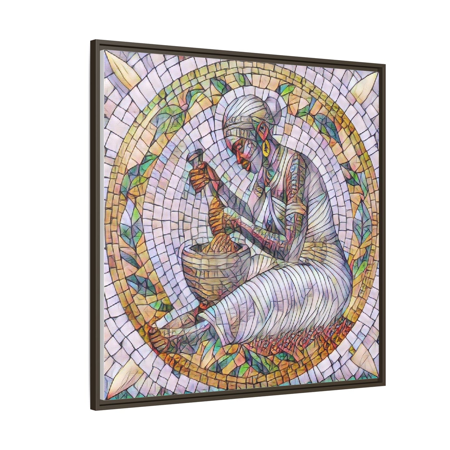 Framed Mosaic Art Print — Woman Grinding Grain (Matte Canvas)